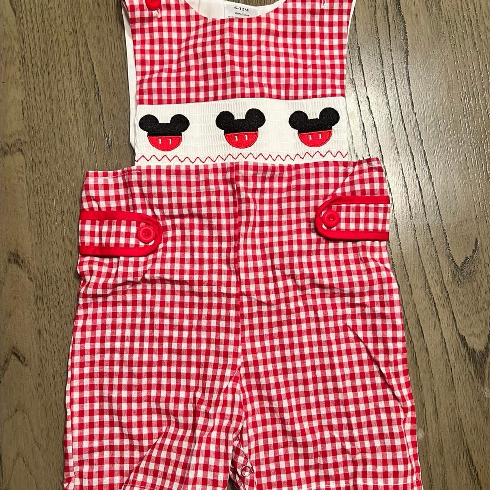 Red Gingham Baby Overalls with Mouse Design